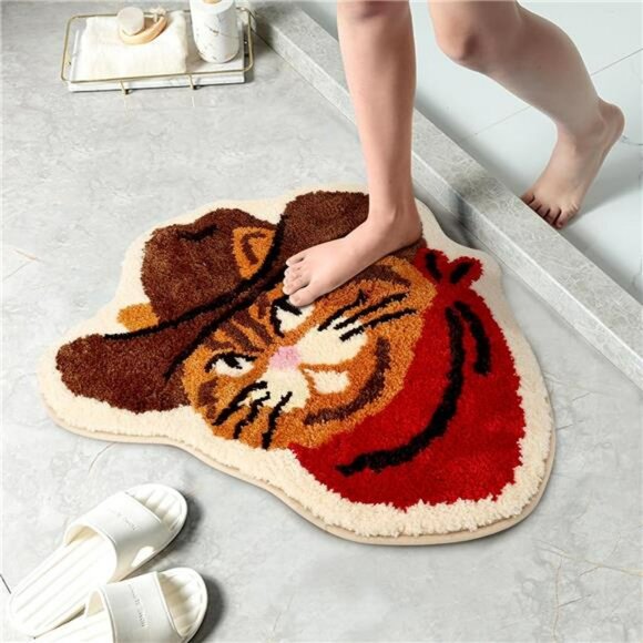 Funny Cat Bathroom Rug Western Cowboy Bath Mat Non Slip Washable Plush Floor Car - Picture 4 of 7